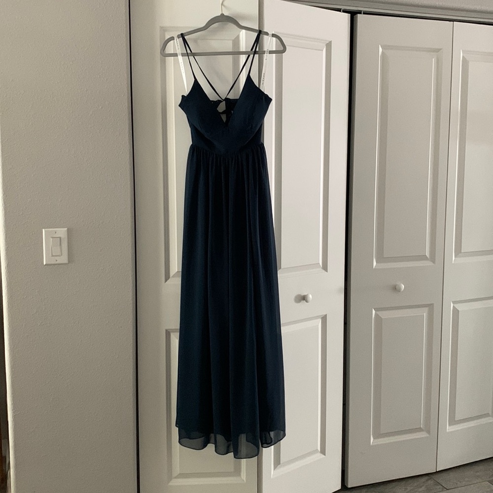 Azazie brand Navy formal maxi dress, bridesmaid dress